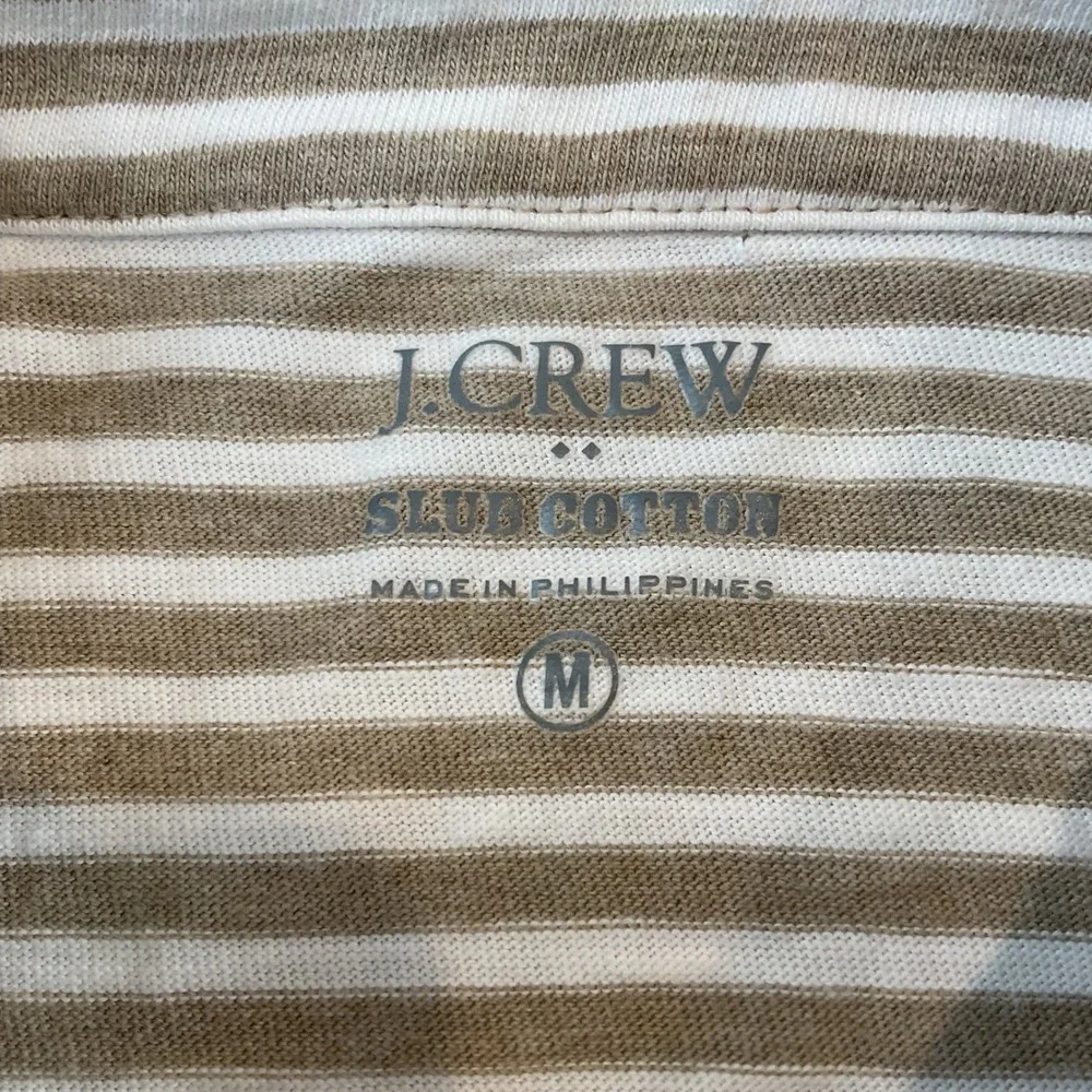 J Crew Mens Slub Cotton Striped Polo Shirt Tan White Short Sleeve Size M